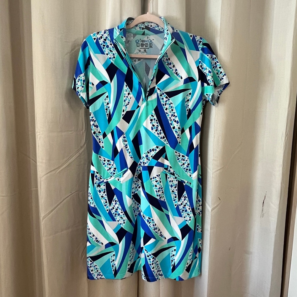 IBKUL Brianna Blue Mini Dress Womens S Mosaic 1/4 Zip Mock Golf Athletic UPF 50+